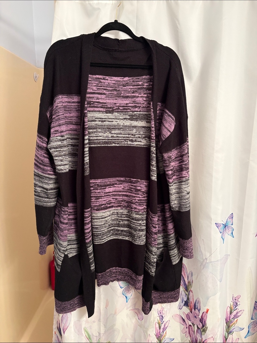 Women's Striped Open Cardigan Sweater - 2XL Black & Pink